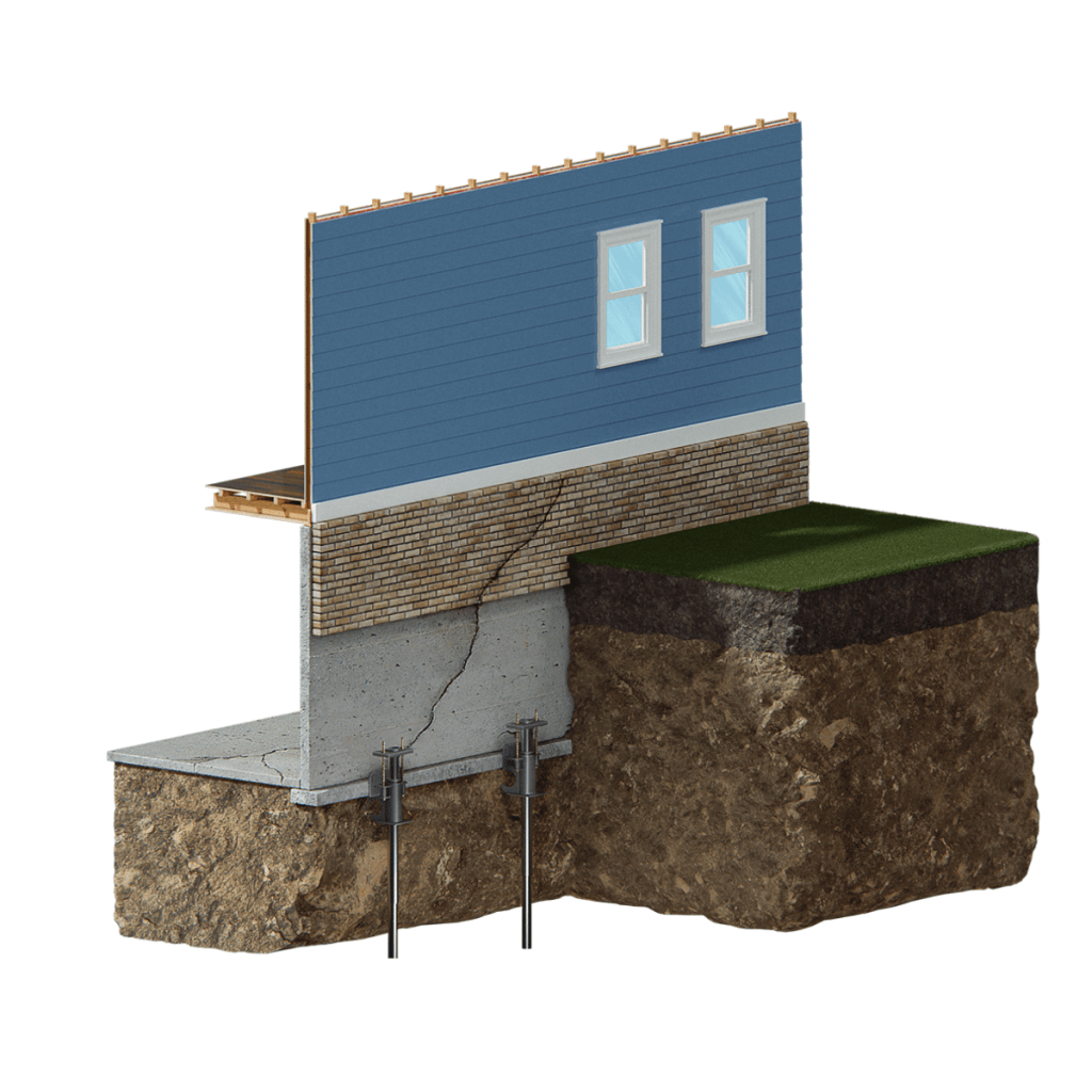3D cutout of push piers installed in basement foundation