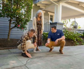 Homeowners talk with Groundworks tech about the cracks in their concrete