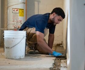 A Groundworks CFI waterproofing a basement.