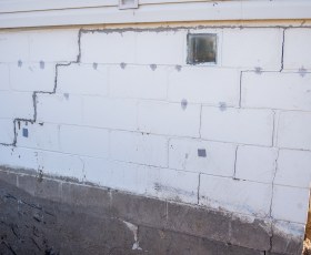 Cracked white foundation wall with visible repair work and a small glass block window.