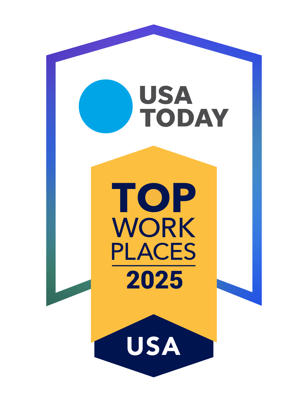 USA Today Top Workplaces 2025 badge in blue, yellow, and white with a ribbon labeled "USA.
