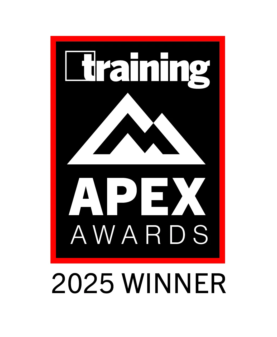 Training APEX Awards 2025 Winner logo with a mountain graphic on a black background.