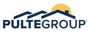PulteGroup logo with blue rooftops and a yellow sun rising behind them.