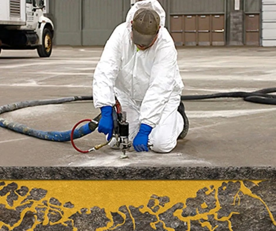 Worker in protective suit and gloves injecting material into a concrete floor with industrial equipment.