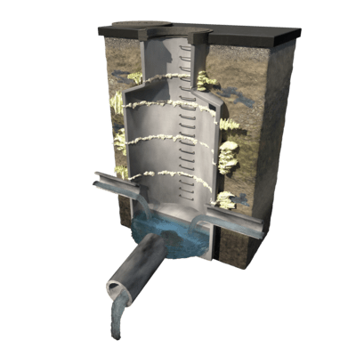 3D cutaway of a water treatment chamber showing water entering, filtering, and exiting through pipes.