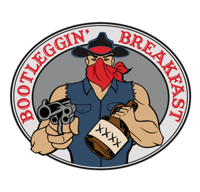 Cartoon bandit in hat and red bandana holding a pistol and jug, with "Bootleggin' Breakfast" text around him.