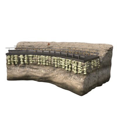3D model of a bridge supported by deep foundations over rocky soil, shown in a cross-section view.