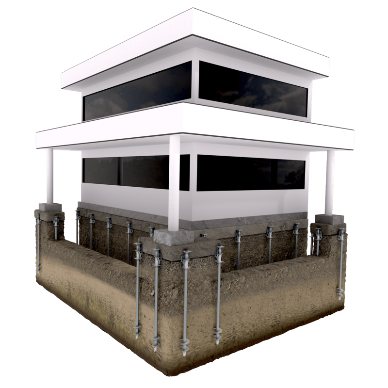 3D illustration of a modern house supported by structural foundation piles anchored in the ground.