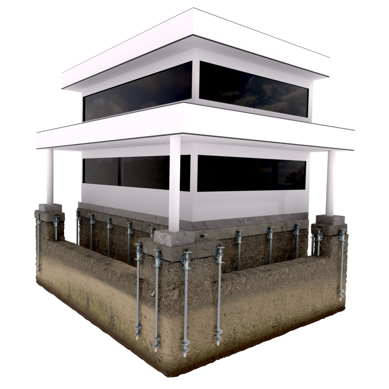 Modern two-story house with visible foundation supported by metal helical piers in the soil.