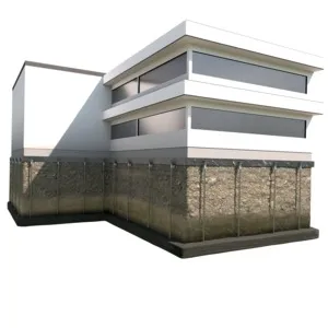 Modern white building with large windows, shown with a cross-section view of its stone foundation.