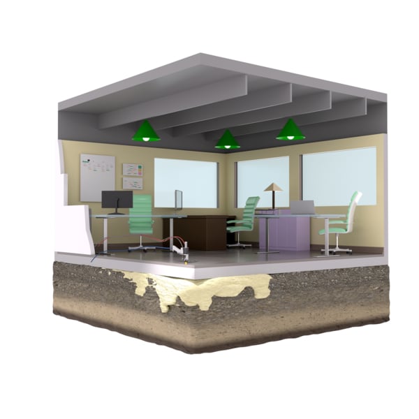 Cutaway view of a modern office with desks, chairs, and lights, showing layers of soil beneath the floor.