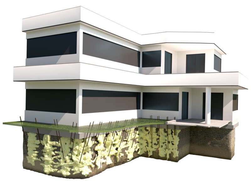 Modern two-story house with large windows, shown with visible foundation and underground supports.