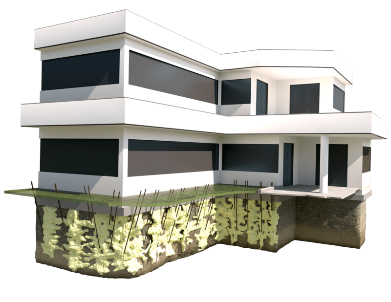 Modern two-story house with large windows, shown with visible foundation and underground supports.