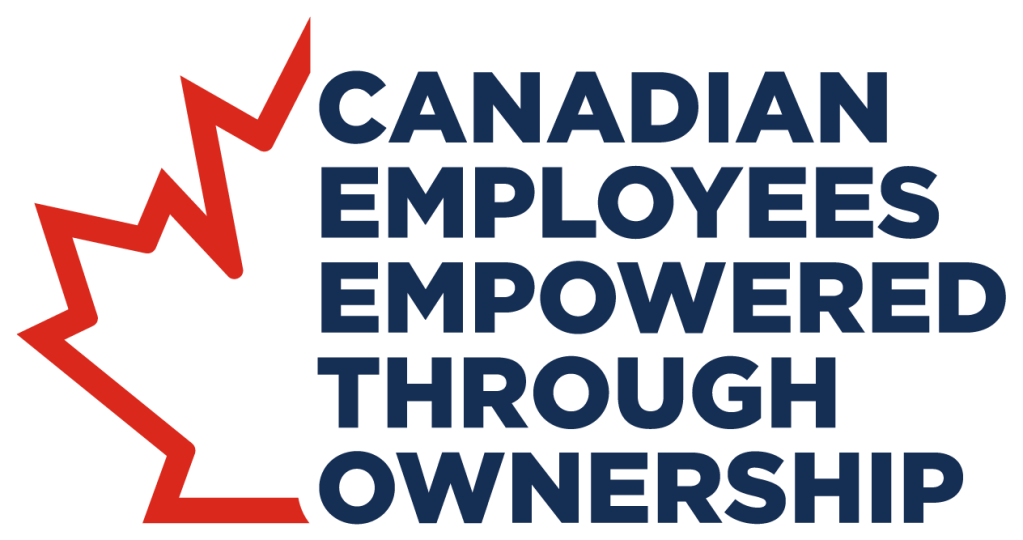 Red maple leaf outline with text: "Canadian Employees Empowered Through Ownership" in bold blue font.